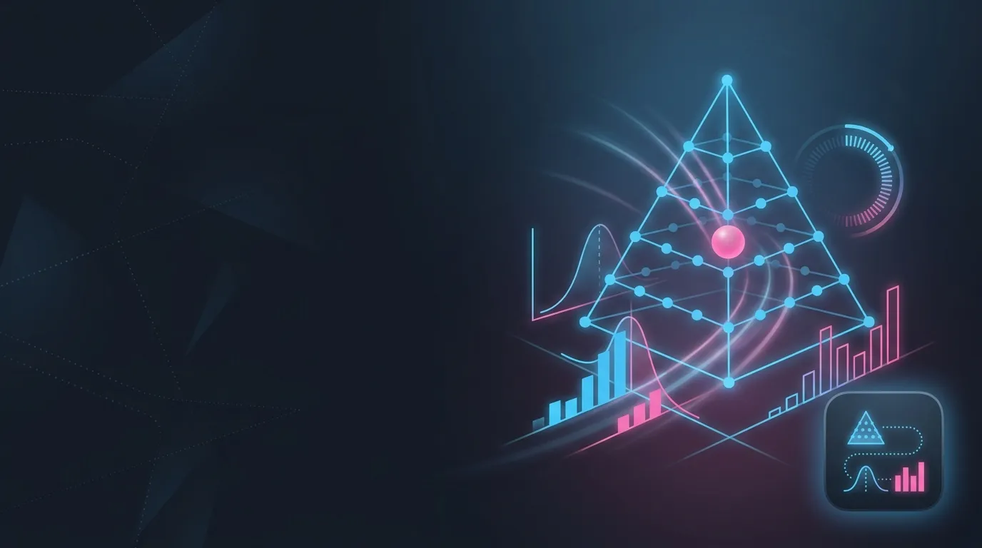 Dark hero banner with a glowing peg pyramid and soft ball light trails on the right, abstract probability curves and a percen