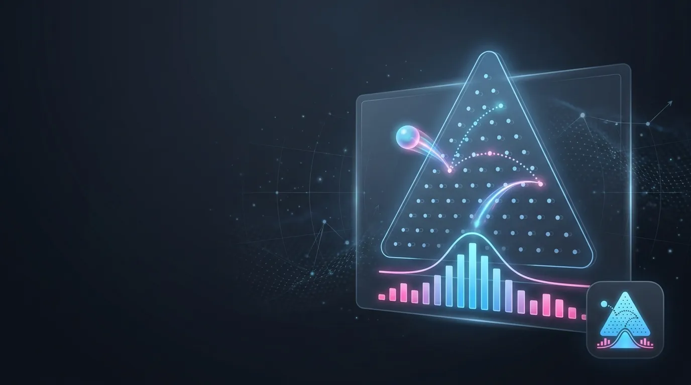 Dark graphite hero banner with a glowing sky-blue peg pyramid, dotted ball path, bell curve and pink probability bars for Pli