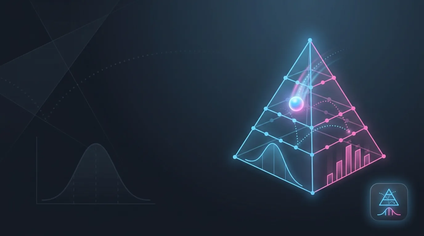 Hero banner showing a glowing ball tracing a dotted light trail through a sky-blue peg pyramid on a dark graphite background